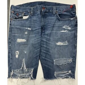 True Religion Ricky Shorts Mens 44 Denim‎ Relaxed Straight Cut Off Distressed